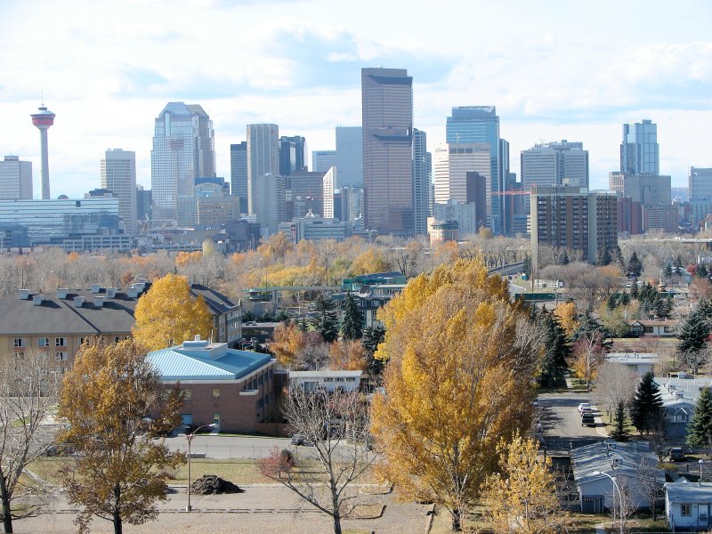 Calgary as seen from the east. The Calgary Tower (525 feet high and featuring a gourmet restaurant with a rotating floor) is to the left.