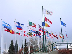 When the wind is blowing, the flags at Olympic Park open up.